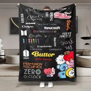 Bts Classic Elements & Bt21 Flannel Blanket, Large Size, Soft Lightweight Warm, Perfect for Bed Sofa Office Camping Travel, Christmas Gift