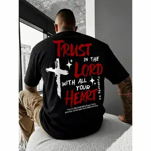 The Bible Passage And The Cross, Proverbs 3:5 "TRUST IN THE LORD WITH ALL YOU HEART" T-Shirt -100% Cotton, Black Short Sleeved, Single-Sided Print, Ideal Christmas/New Year/Wedding Gift For Family And Friends, Size S-XXXL Menswear Top Tshirt Crewneck