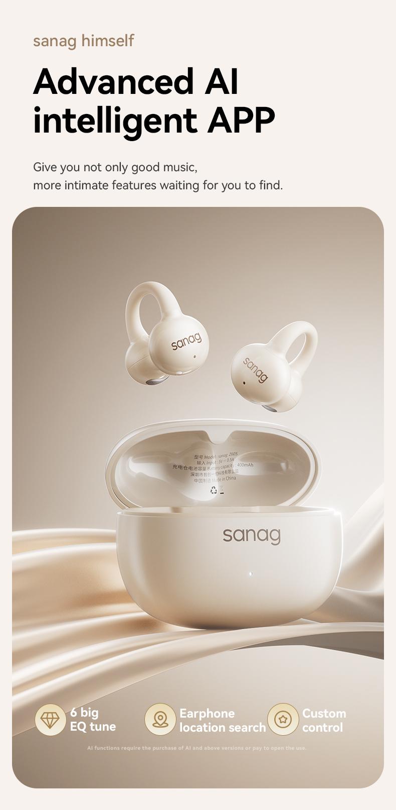 Sanag Z60S Open-ear wireless Bluetooth headset with comfortable wearing, HiFi stereo sound, stable call, and IPX4 waterproof. Perfect for sports, work, and daily use.