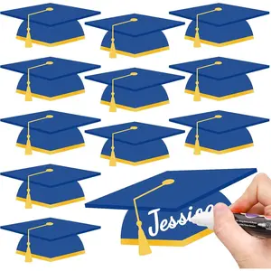50 Pcs Graduation Hat Cutouts Blue Grad Caps Tassel Paper Cutting Bulletin Board Decoration with 100 Pcs Glue Points for Graduates Party Classroom Name DIY Crafts