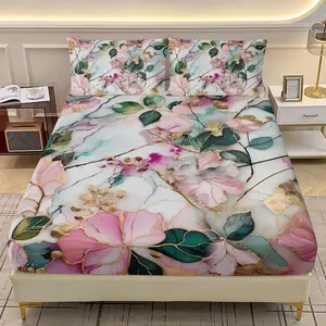 Flower Fitted Sheet Set Queen Size, Marble Printed Watercolor Bedding Set for Kids Teens Adults,Pink and Green Bed Sheet Set,1 Fitted Sheet + 2 Pillowcases,3Pcs