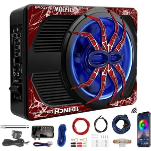 Massive 1600W Power 10 Inch Slim Under Seat Subwoofer All In One Powered Enclosure with Pro Tuning Controls and LED Ambient Light for Crystal Clear Bass