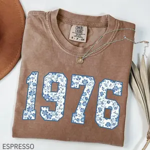 Lady Women's Toile Floral 1976 T-Shirt, 50th Birthday Group Gift Top, Streetwear Birth Date Shirt - Lauriel Designs