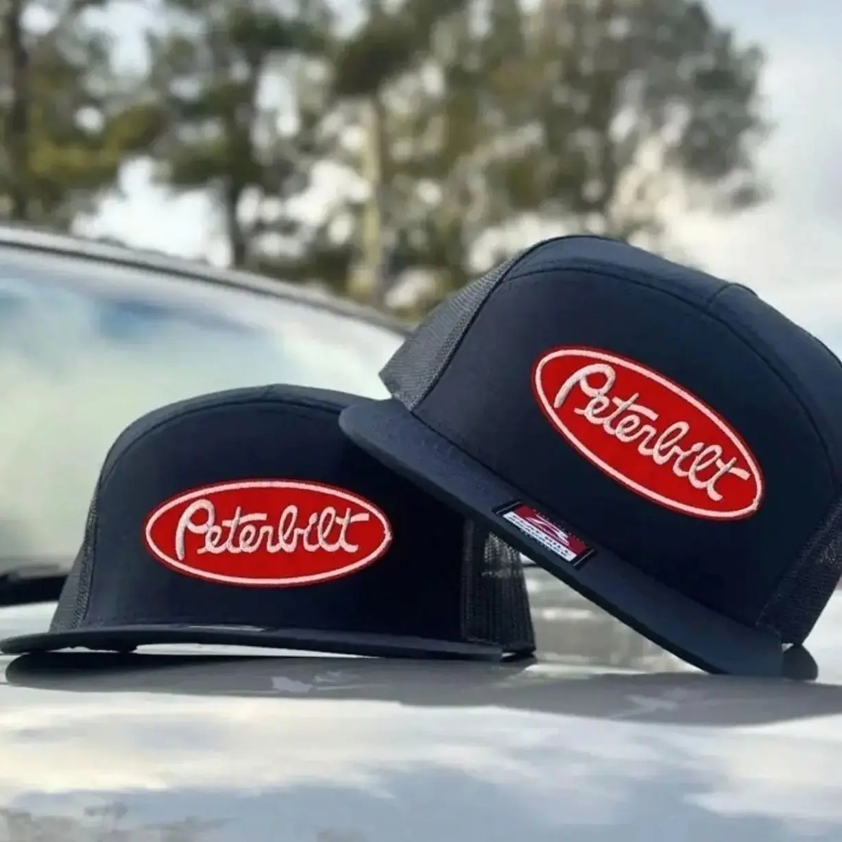 Peterbilt logo Trucker Hat, Old School Black, White, Khahi/ Brown 7 Panel Trucker Hats, Fitted Unisex Baseball Cap Basic Casual Style