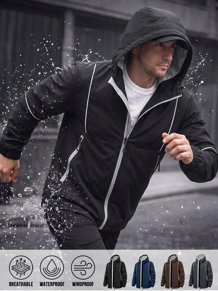 Outdoor Sports‑Focused Hooded Shell Jacket for Men, Waterproof Windproof Breathable Outerwear, Reflective Line Accents, Side Zipper Pockets, Drawstring‑Adjustable Hood, Elastic Cuffs for Cycling Jogging Trekking and Urban Daily Activities