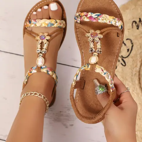 Women's Ditsy Floral Pattern Braided Sandals, Boho Style Open Toe Slingback Sandals for Summer, Lightweight Breathable Comfortable Shoes for Daily Wear, Bohemian Trendy Sandals