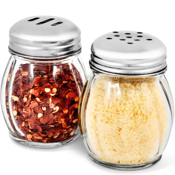 6-Ounces Glass Spices Shaker With Perforated Stainless Steel Top And Parmesan Cheese Shaker With Slotted Stainless Steel Top/Set of 2/Bulk Swirl Retro Style Dispensers With Lids/Salt & Pepper Shakers