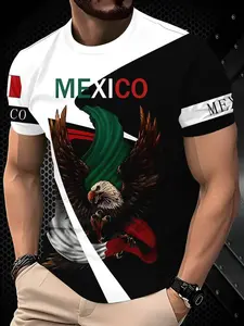 Mexican Flag Eagle Print T-Shirt, Patchwork Round Neck Short Sleeve, Casual Retro Style Men's Top, All Seasons Wear