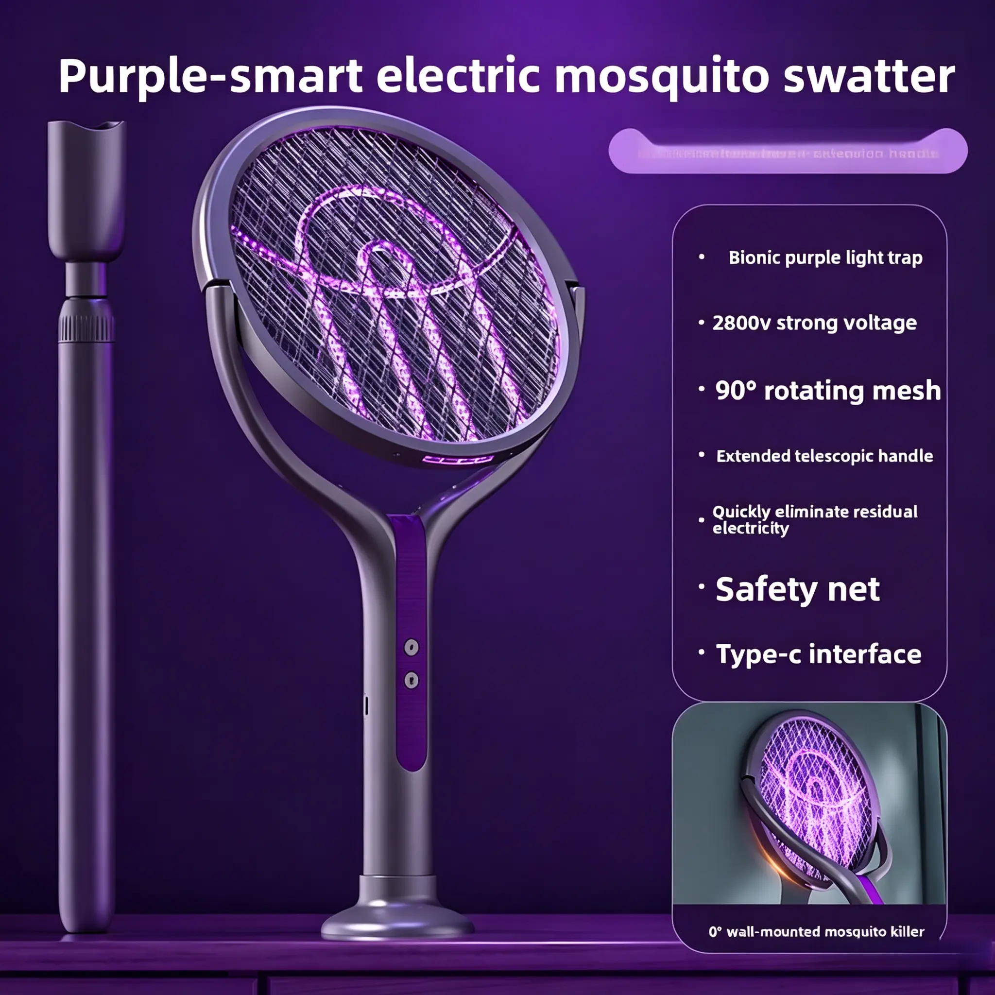 Electric Fly Swatter Bug Zapper USB Rechargeable Racket with 1200mAh Battery, Purple Light, Safe Indoor Household Pest Control Tool for Zapping Bugs with Zapper, Mosquito Control Flies, Camping Gear, Summer Home Essential, Fly Zapper Mosquitoes