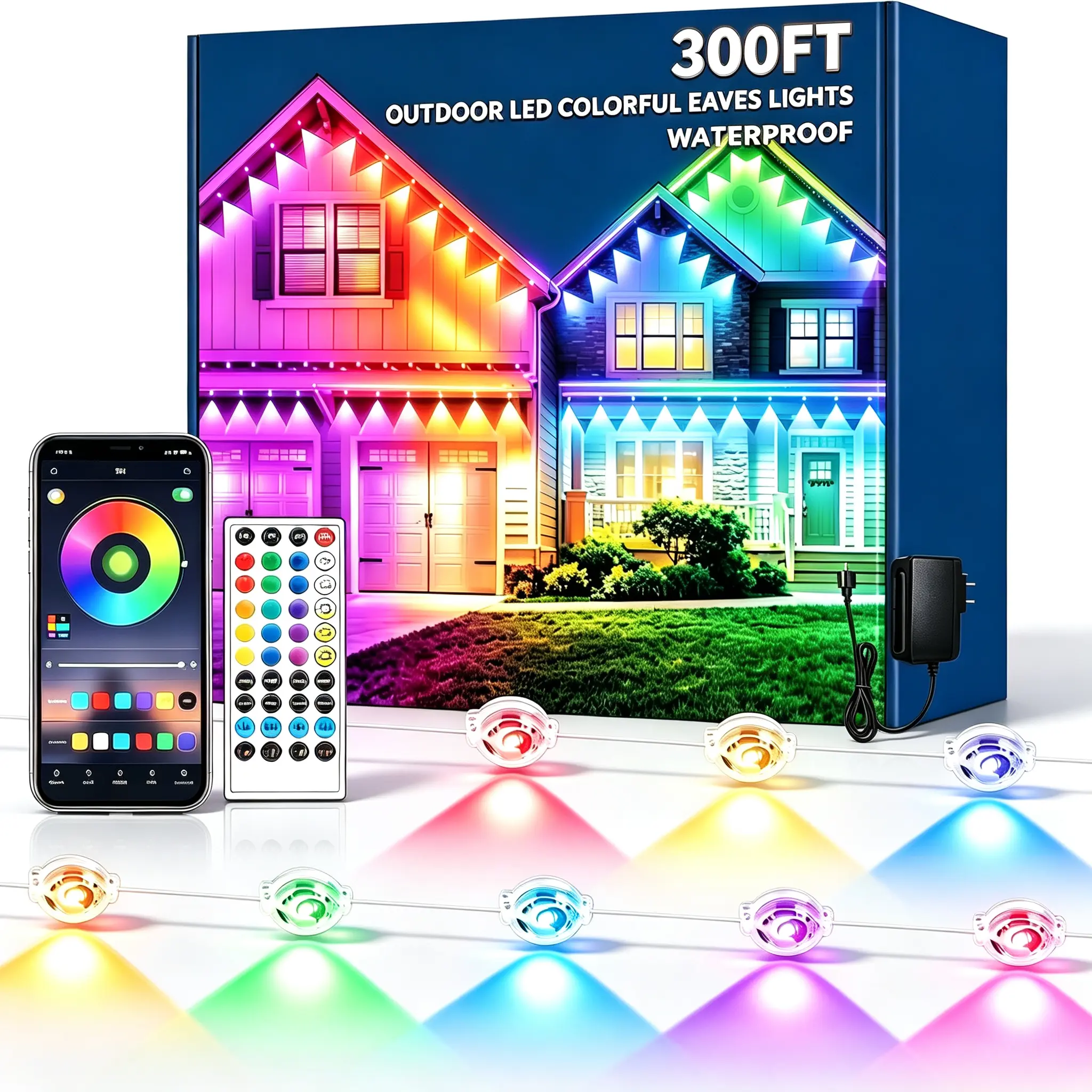 KEYDOORS Permanent Outdoor Eaves RGB Smart LED Lights, IP67 Waterproof House Exterior Lights, App & Remote Control, Music Sync, Timer, 16M Colors, 48 Scene Modes, Home Improvement Holiday Decor
