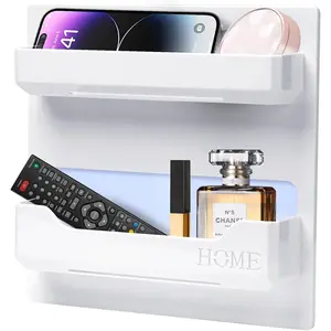 Bedside Shelf Wall Mount, Adhesive Bedside Shelf Accessories Organizer with Hooks and Cable Clips,Dorm Bedside Wall Storage for Phone ,Plastic Racks