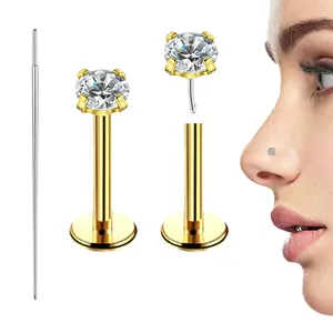 Nose Rings Stud  2 Pcs 20G Titanium Prong CZ Threadless Cartilage  Gold  Earrings ,Push Pin Tragus/Helix /Conch/Screw Piercing Jewelry,Flat Back Earrings Jewelry For Women/Men(3mm) Hypoallergenic