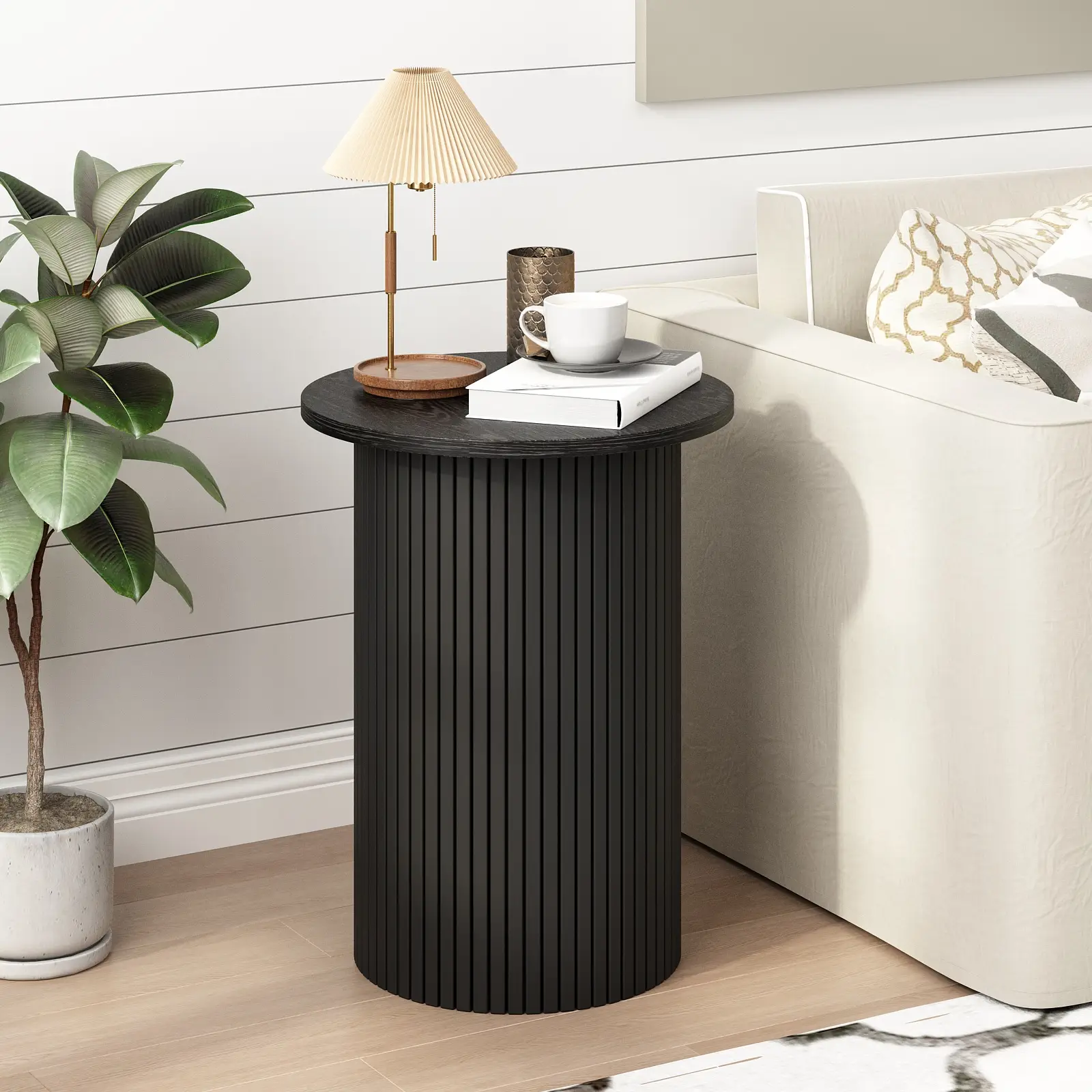 PieDle Round Fluted End Table,Small Accent Pedestal Side Table, Wood Fluted Nightstand Bedside Table for Living Room, Bedroom, Handcrafted Finish, Nat