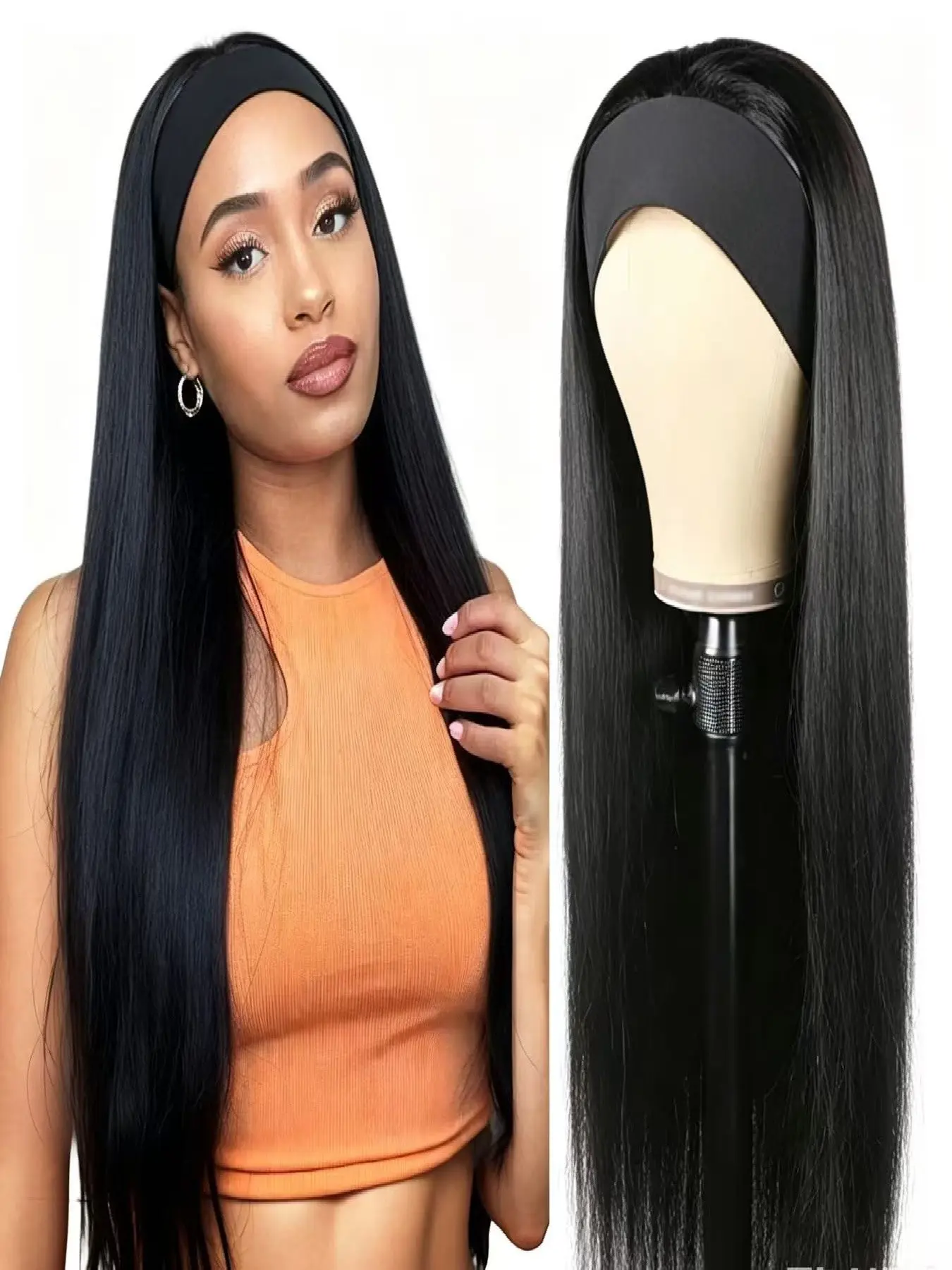 Headband Wig Human Hair Straight  Headband Wigs Glueless None Lace Front Wig Brazilian  Human Hair Wigs Natural Color 150% Density