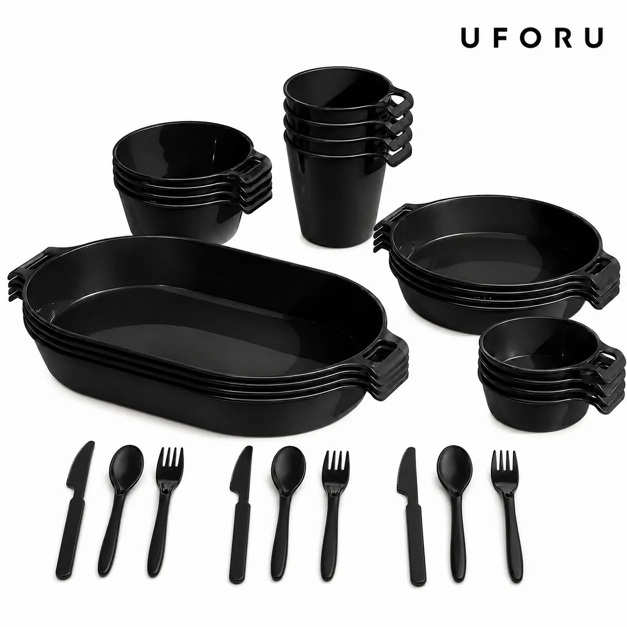 UFORU 21-Piece Black Camping Dinnerware Set for 4, Reusable Outdoor Picnic Tableware with Plates, Bowls, Cups, Sauce Dishes & Mesh Carry Bag, Stackable, Microwave-Safe for Short Reheating