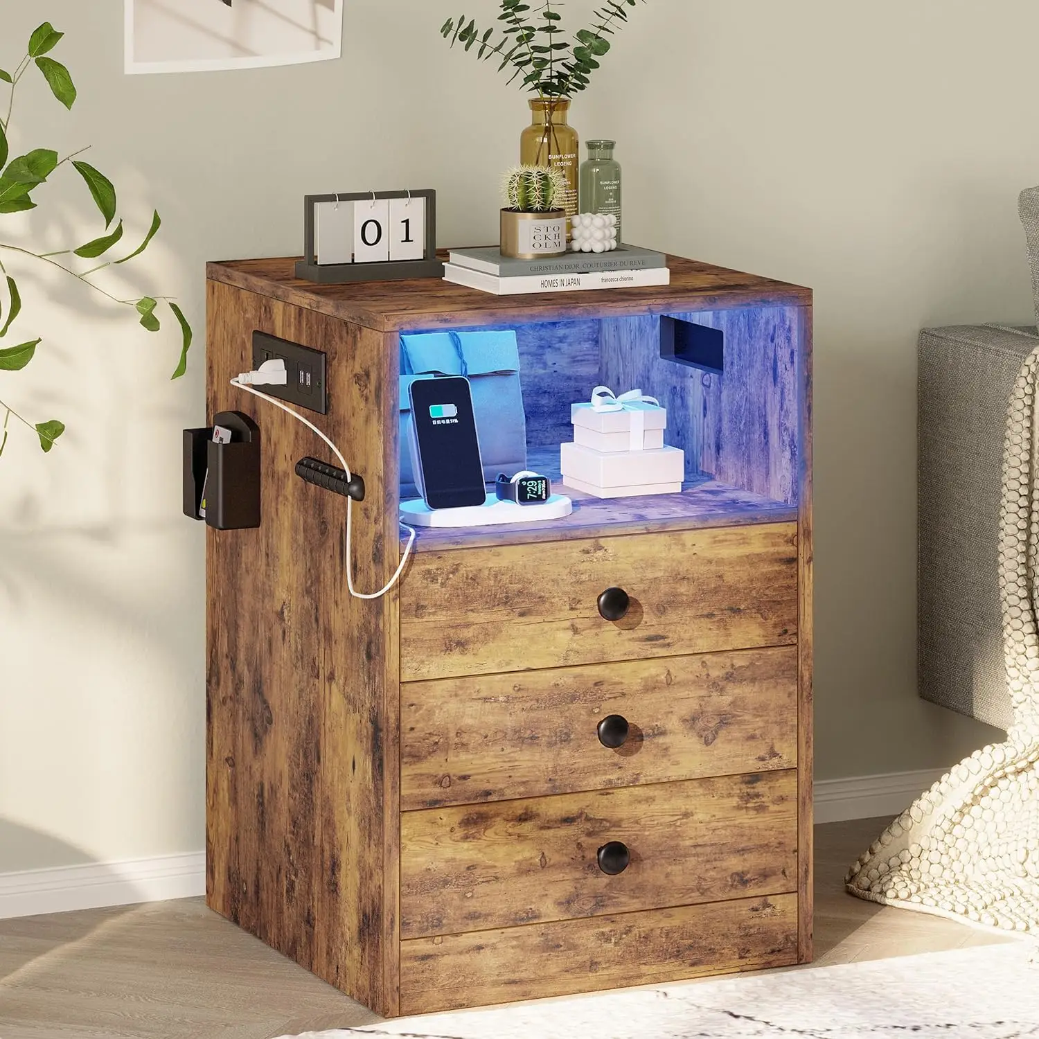 LIKIMIO Nightstand with Charging Station and 3 Drawers, LED Lights End Side Table with Interchangeable sockets and Hooks, Vintage Brown