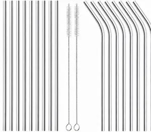 16 Pack of Reusable Stainless Steel Metal Straws, 8 Straight + 8 Bent 8.5 inch Metal Straws with 2 Cleaning Brushes, Straw Compatible with 20oz Stanley Cup