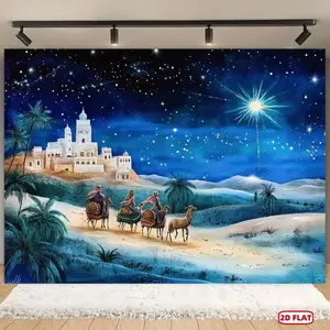 Three Wise Men Traveling to Bethlehem Scene Backdrop Banner Durable Polyester 2D Flat for Birthdays Weddings Starry Night Sky Scene with City Palm Trees and Bright Star, Magical, Photo