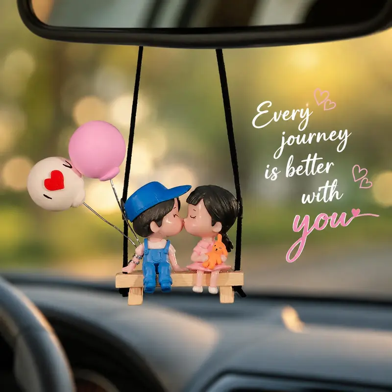 Cute Swinging Kissing Couple Doll Car Hanger Ornament with Balloon, 10x10x5 cm Car Trinkets, Vehicle Decor Accessories for Rearview Mirror Interior Gift