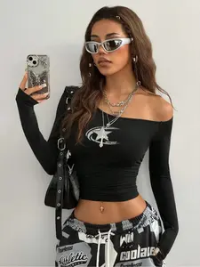 Women's Casual Slim-Fit Asymmetrical Neck Long Sleeve Top, Star Print Graphic Tee Shirt, Comfortable All-Season Home Wear, Essential Wardrobe Item
