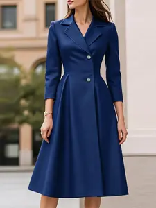 ZANZEA Women's Solid Color Dress, Blazer Neck Seven-Quarter Sleeve Waist Cinched Pleated Plain A-Line Satin Design, Suitable for Daily Commuting Workwear