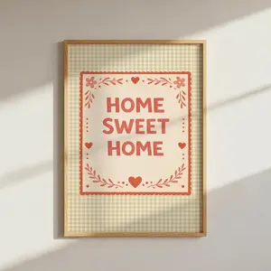 Home Sweet Home Cottagecore Wall Art Print, Vintage Folk Art Style Gingham Background, Cozy Farmhouse Kitchen Decor