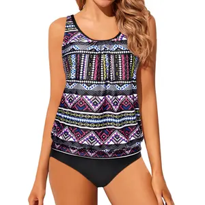 Yonique Women's Two Piece Blouson Tankini Swimsuits, Crisscross Tankini Tops with Adjustable Straps, Mid Rise Moderate Coverage Bikini Bottom, Tummy Control Bathing Suits, Athletic Swimwear  SwimWeek  summervibes