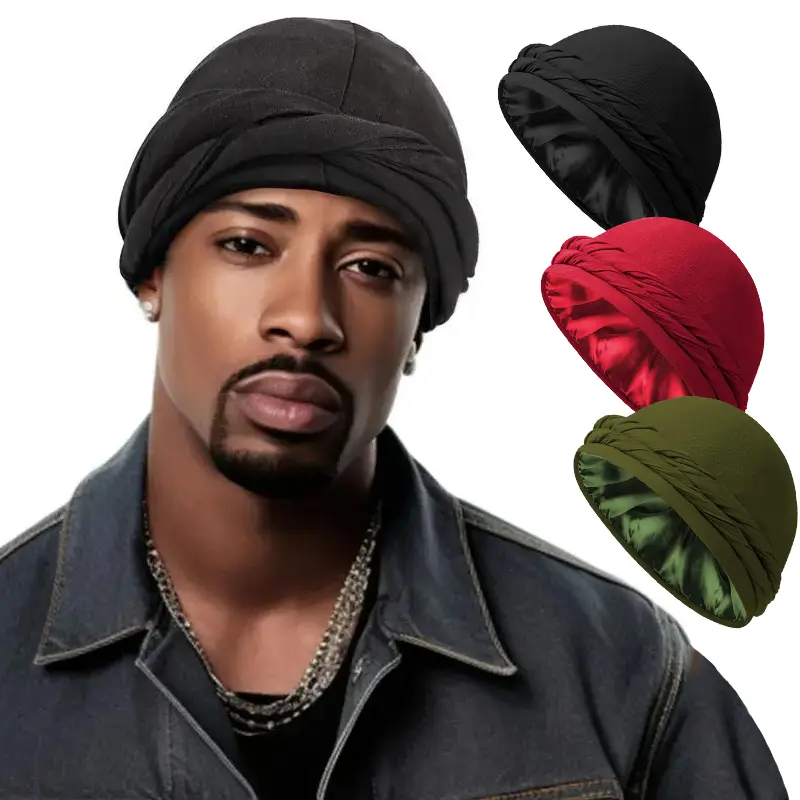 Silk Satin Lined Pre-Tied Turban Durag Head Wrap for Men & Women - Halo Skull Cap Bonnet Hair Cover for Comfort & Sleep Protection