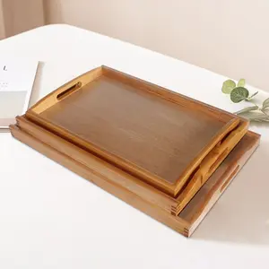 3 Counts Multi-Functional Rectangular Wooden Tray Set, Durable and Versatile Solid Wood Trays with Handles, Ideal for Organizing Essentials