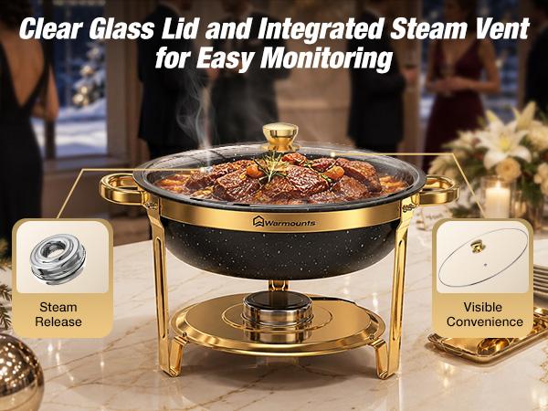 WARMOUNTS 9QT Gold Round Chafing Dishes Display Set - Maifanite-Coated Stainless Steel Food Warmers with Glass Lid Holder, Rolled-Edge Design, Stackable Storage for Catering Events, Maifanite Coat, Round Shape WARMOUNTS 9QT Gold Round Chafing Dishes Display Set - Maifanite-Coated Stainless Steel Food Warmers with Glass Lid Holder, Rolled-Edge Design, Stackable Storage for Catering Events, Maifanite Coat, Round Shape