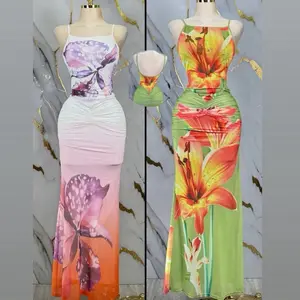Elegant Floral Print Maxi Dress with Ruched Waist and Colorblock Design for Women