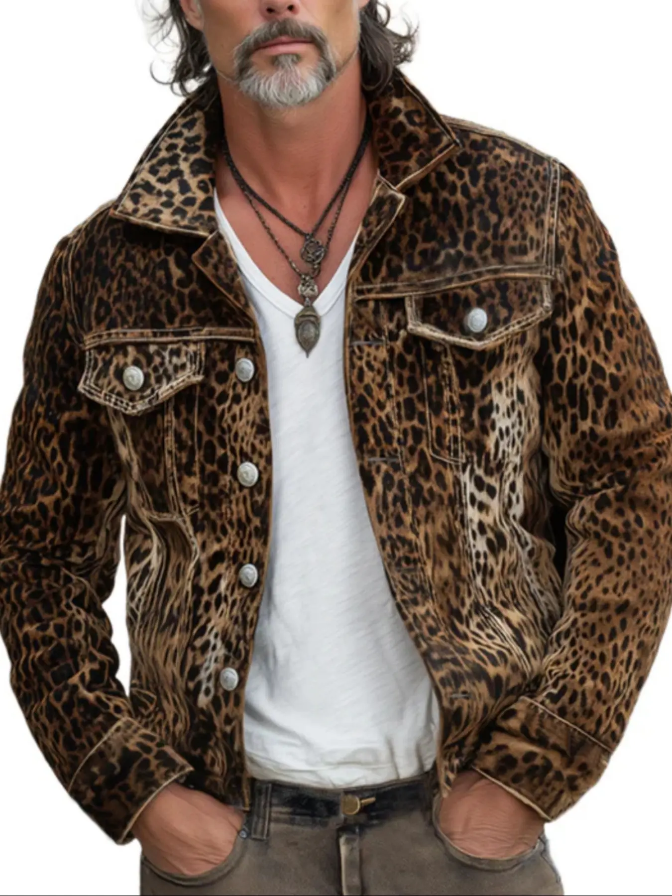 Men's Denim Jacket, High Street Vintage Leopard Print, Casual Slim-Fitting Coat, Trendy Fashion Outerwear Men's Denim Jacket, High Street Vintage Leopard Print, Casual Slim-Fitting Coat, Trendy Fashion Outerwear