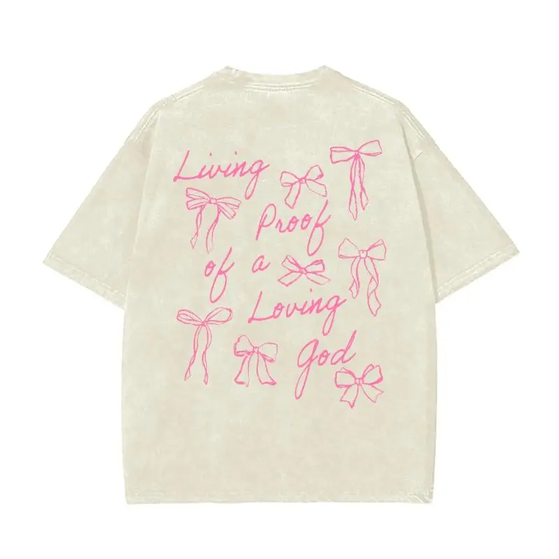 Graphic Slogan Tshirt, Unisex Casual Washed 100% Cotton Shortsleeve Top with "Living Proof Of A Loving God" Print, Fabric