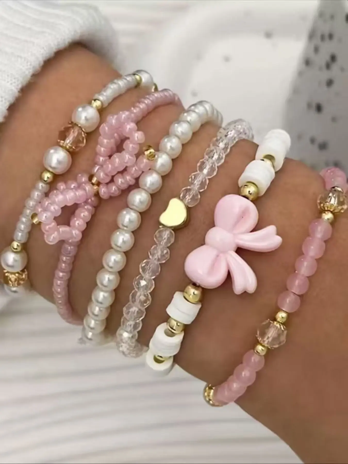 6pcs/set Fashionable Heart & Bow Beaded Matching Bracelets Set for Women, Elegant Jewelry Gift Idea, Perfect Accessory for Any Occasion