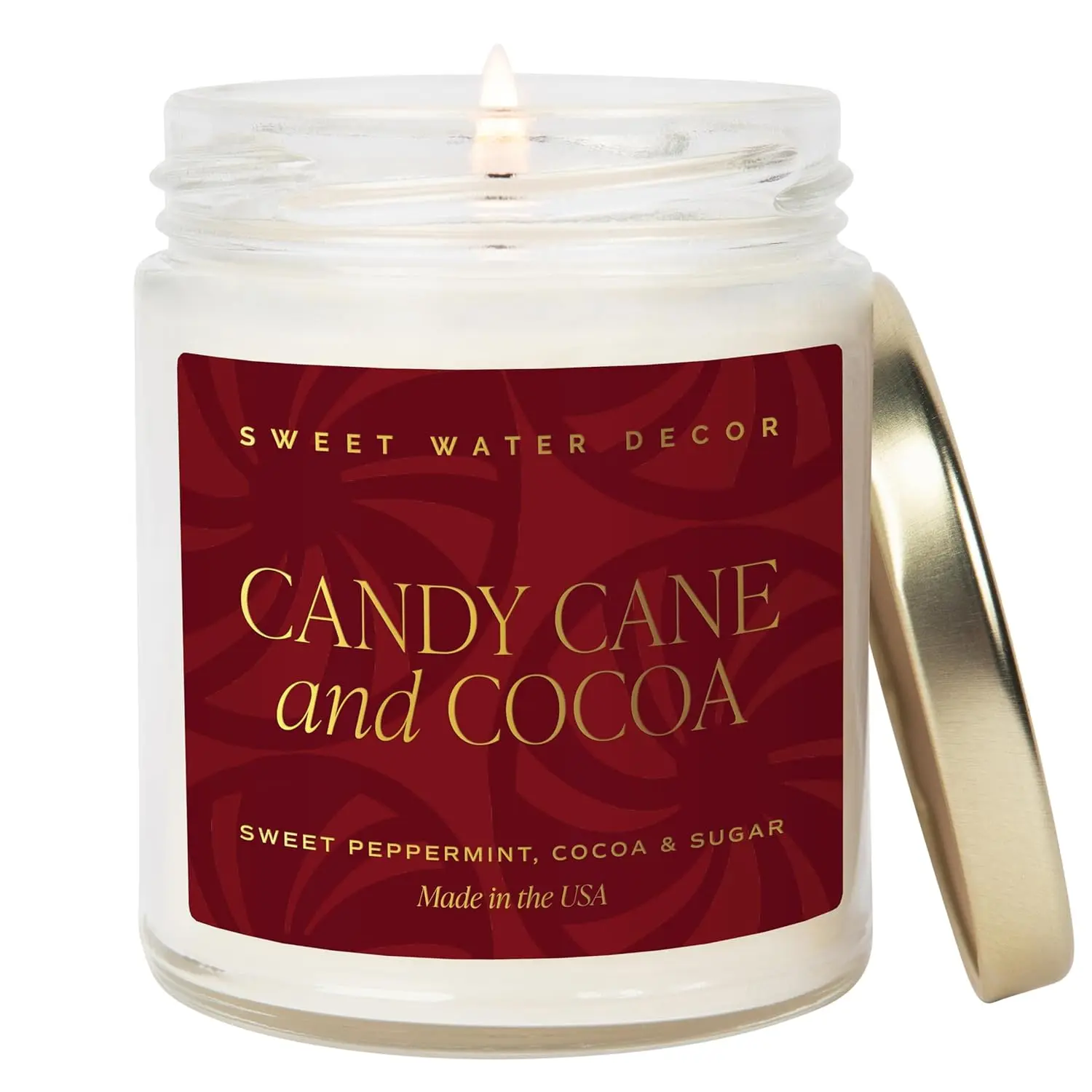 Water Decor Candy Cane and Cocoa Soy Candle - Hot Chocolate Peppermint Candle for Christmas Decor - Gold Foil Pattern 9oz Clear Jar, 40 Hour Burn Time, Made in the USA