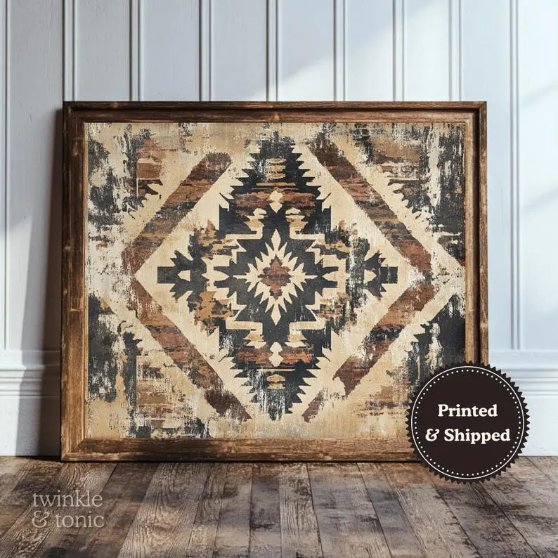 Vintage Southwestern Art, Rustic Lodge Poster, Boho Farmhouse Decor, Rustic Western Art, Antique Aztec Textile Painting,
