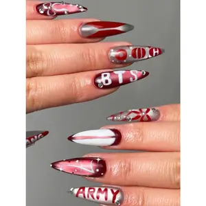 Press On Nails, Deep Red Nails, Silver Chrome Nails, 3D Rhinestone Nails, Y2K Gel Nails, Gothic Nails