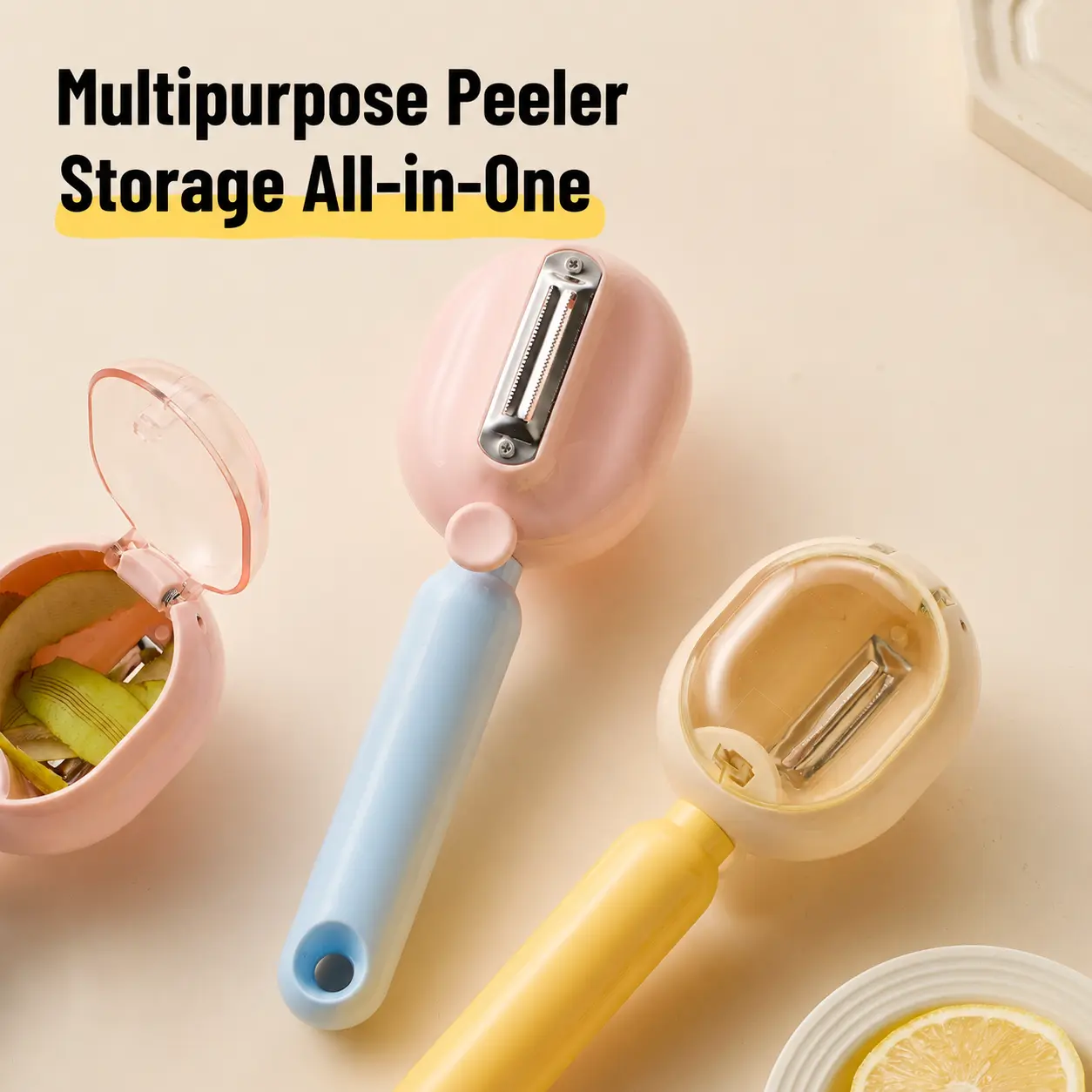 All‑in‑One Storage Fruit Vegetable Peeler, Built‑in Peel Container One‑Touch Dumping Anti‑Splatter Stainless Steel Blade Multifunctional Kitchen Peeling Tool
