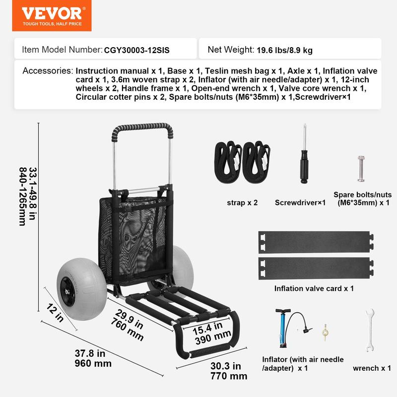 VEVOR Beach Dolly with Big Wheels for Sand, TikTokShopBlackFriday, 29.9" x 15.4" Cargo Deck, w/ 12" BIG Wheels, 165LBS Loading Capacity Folding Sand Cart & 27" to 44.7" Adjustable Height, Heavy Duty Cart for Beach VEVOR Super Brand Day