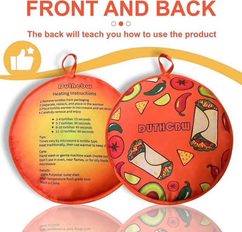 Large Premium Tortilla Warmer, Microwavable & Classic, Insulated Fabric Pouch Keeps Tacos, Naan, Pizza & Flour Tortillas Cozily Warm for 1 Hour, Outlasting & Ideal for Family Feasts, Orange