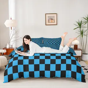 Blue Black Grid Duvet Cover Set,Reversible Geometric Plaid Square Bedding Set,Kids Boys Girls Room Decor,Soft Lattice Checkerd Quilt Cover,No Comforter