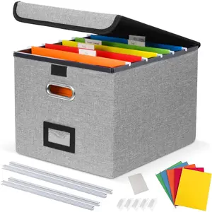 File Organizer Box with 5 Hanging Folders & Plastic Slide, Collapsible Linen File Box with Lid for Office, Home, Moving, Portable File Storage Organizer Fits Letter/Legal    A