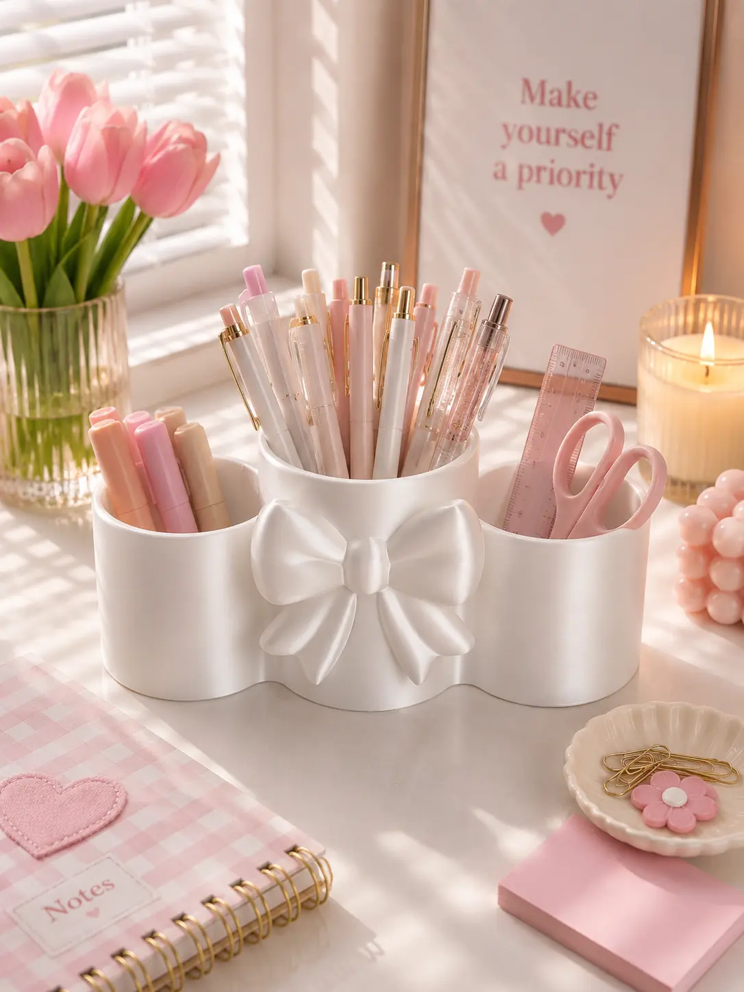 white Bow Desk Organizer | Cute Pen Holder for Office, School & Home