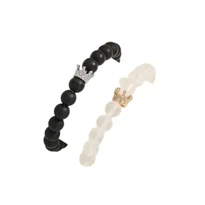 Fashion Jewelry 2pcs Handmade Crown Beaded Charms Bracelet Set - Glowing Love with Heart-Shaped Glow in the Dark Feature