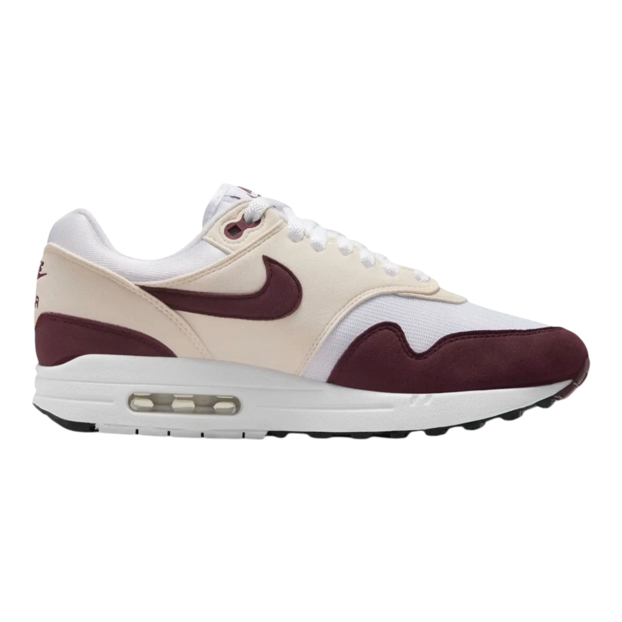Nike Air Max 1 Sneaker in White / Night Maroon Suede | Women's Low-Top
