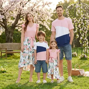 Family Matching Outfits Summer Flutter Sleeve Mommy and Me Dresses and T-Shirts Sets - Casual Holiday Vacation Coordinated Mother Daughter Outfits Comfortable Breathable Cotton Perfect for Beach Party Photo Shoot Daily Wear Fashion Style