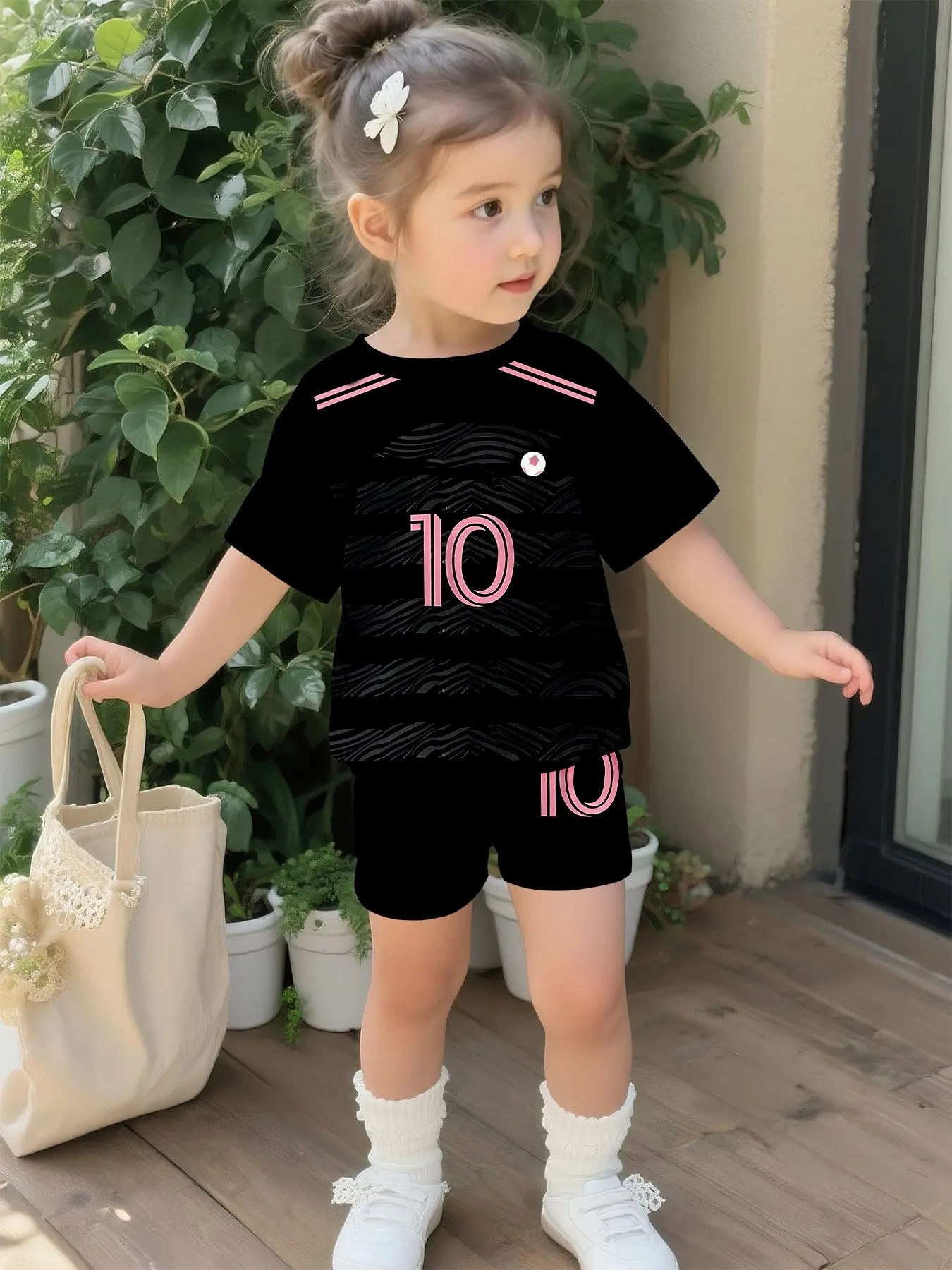 Pink & Black No.10 Football Set, Digital Printed 100% Polyester Baby Short Sleeve Set, Cute Casual Outfit for Baby Girls, Baby Girl Clothes, Baby Clothing, Suitable for Daily and Outdoor Sports T-shirts, Perfect Gift for Infants