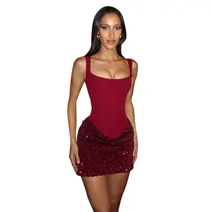 LiLi's _ Slim Fit Hip-Hugging Short Sequin Cami Dress in Elegant Wine Red