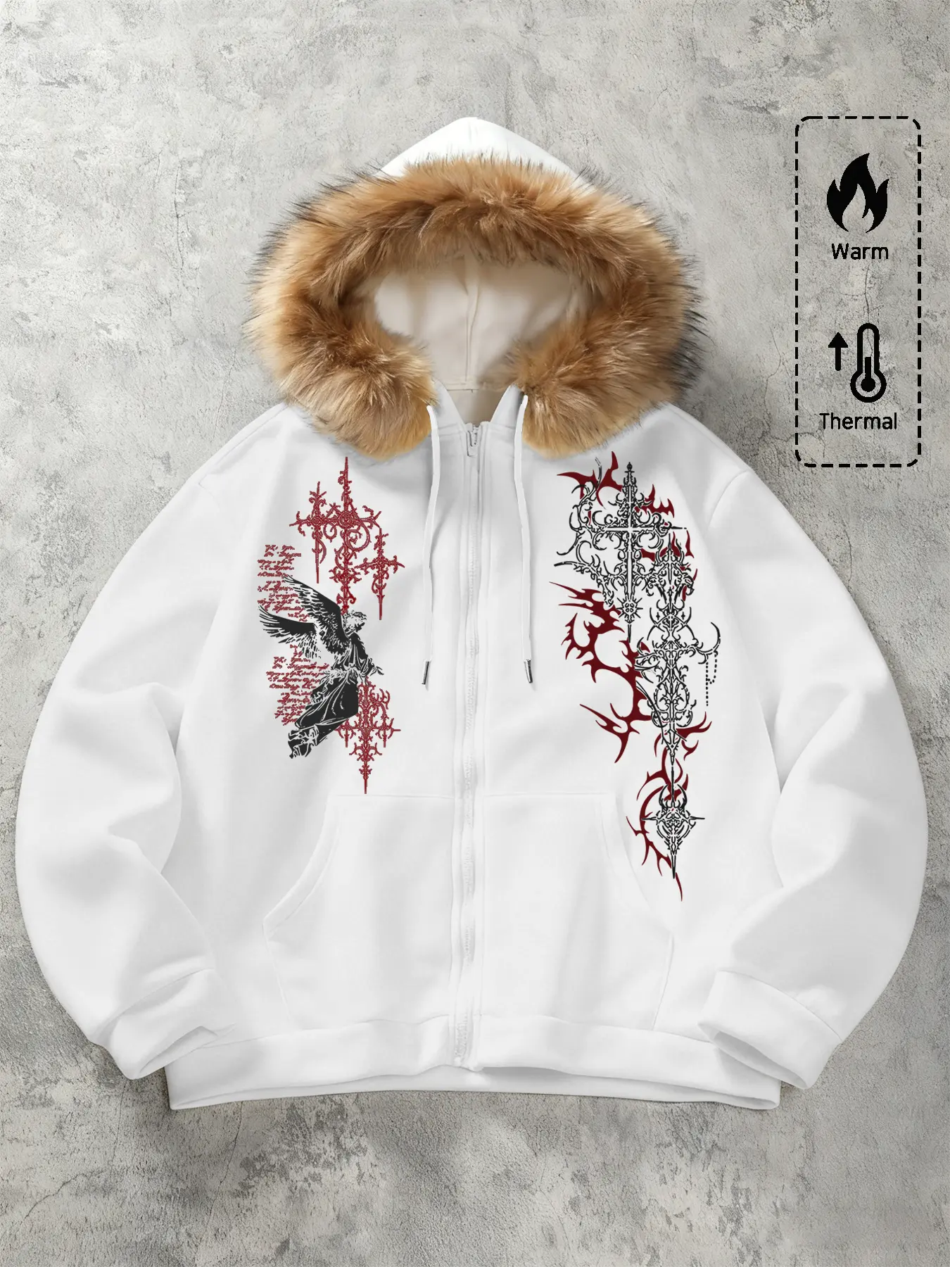 Unisex design, street style, Casual, Fitted, Long Sleeves, autumn and winter faux fur-collared hooded zipper jacket with angelic gothic pattern print, combines warmth and fashion, suitable for streetwear, outdoor activities, and everyday wear