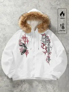 Unisex design, street style, Casual, Fitted, autumn and winter faux fur-collared hooded zipper jacket with angelic gothic pattern print, combines warmth and fashion, suitable for streetwear, outdoor activities, and everyday wear